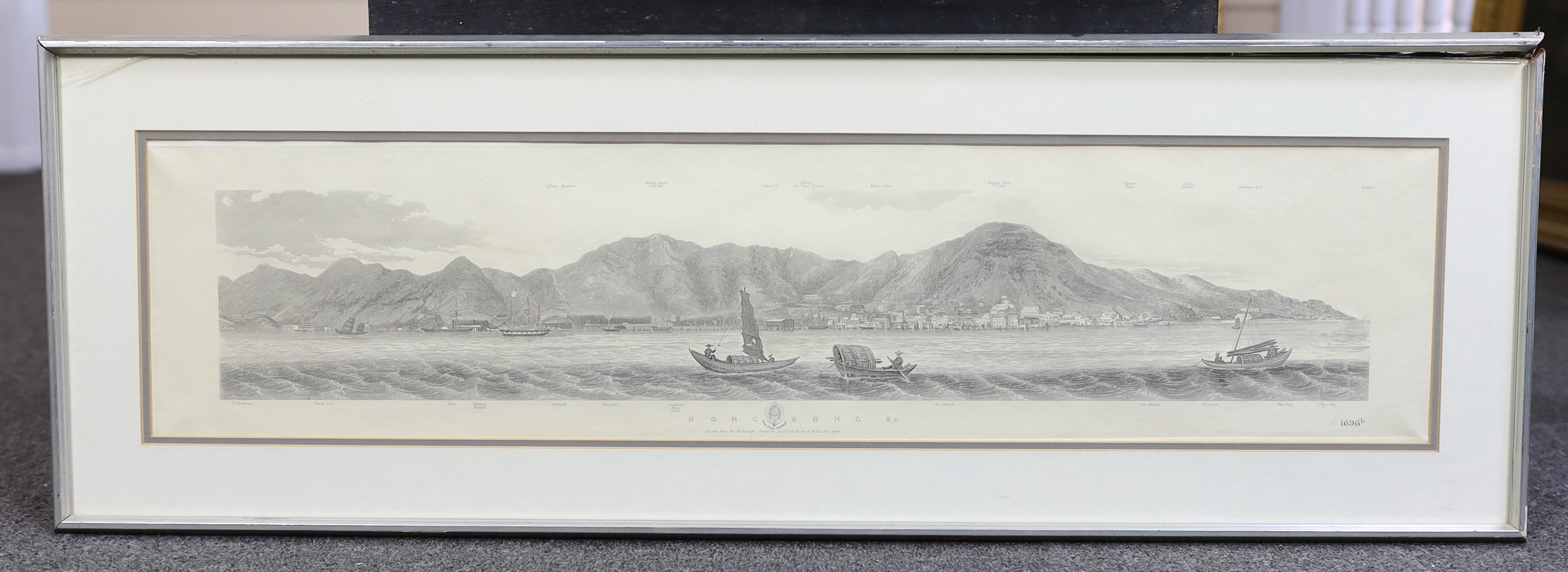 Lieutenant Leopold G. Heath for the Hydrographic Office, Hong Kong as seen from the anchorage of HMS Iris, 1846, set of three steel engravings, visible sheet 22 x 79cm